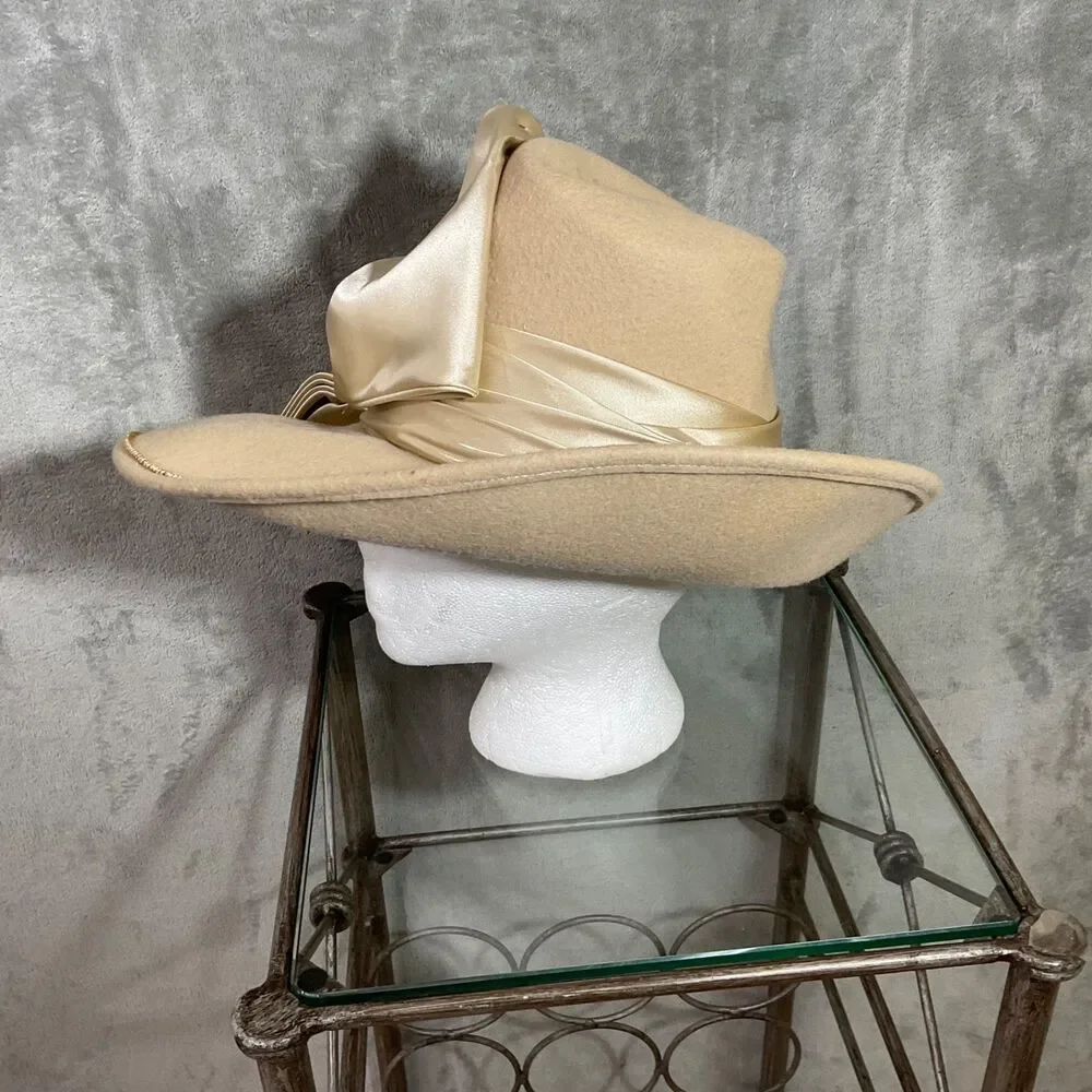 VTG.Michael Howard 100% Wool Wide Brim Hat Rhinestones Satin Ribbon Band Bow OS.